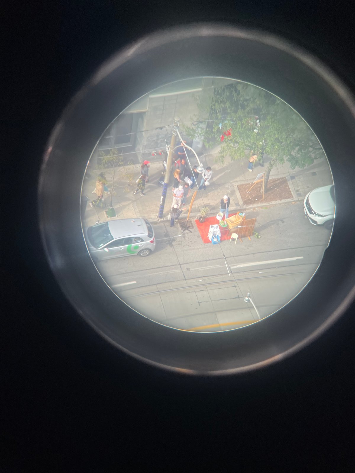 Strangers Calling set-up seen through binoculars from above